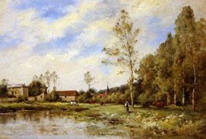 Peinture à l'huile La Prairie Trouillebert grand tableau pour salon élégant