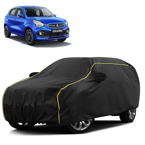 Image of Sulfar 100% Water Resistant Car Body Cover Compatible with Mirror for Maruti Suzuki Celerio (Triple Stitched, Full Bottom Elastic, Black Taffeta with Yellow Piping)