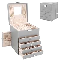 Jewellery Box Organiser with 6 Drawers and Mirror, Large PU Jewelry Organiser Display Case with Side Drawers, 5 Layers Jewellery Box for Rings Earrings Bracelets Necklaces, Grey