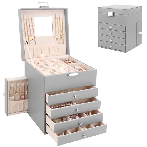 Caja Joyero con 5 Niveles de PU, Estuche para Joyería con 6 Cajones, Caja Organizador de Joyas con cajones laterales para collares, pendientes, anillos, relojes, Gris