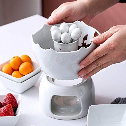 Foto von MALACASA, Serie Favor, 14 teilig Porzellan Schokofondue Set, Käsefondue Topf-Set mit 6 Fondue Gabeln 6 Fondue Schalchen, Fondueset für 6 Personen für Schoko Käse Nachtisch, 600ML