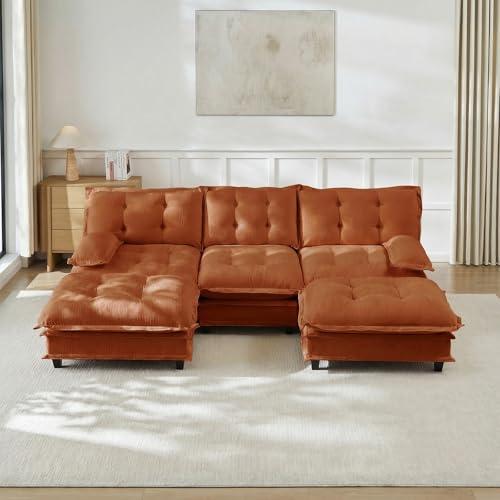 Image of 107 inch U-Shaped Sectional Couches for Living Room, Orange 3 Seater Modern Chenille Deep Seat Sofa Set, Salas para Casa, High Back Cloud Couch Modular Sectional Sets with 2 Ottoman
