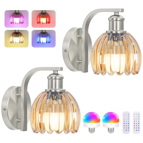 Image of Rechargeable Battery Operated Wall Sconce Set of Two with Amber Glass Lampshade, Wireless Wall Scone Decor with Remote Control, 15 Colors Brushed Nickle Wall Light for Bedside Hallway Bedroom Doorway