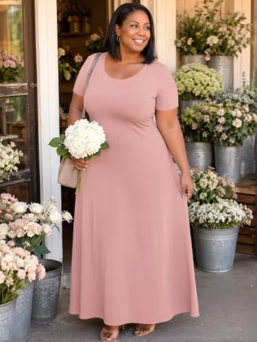 Image of PinkPatty Plus Size Dress for Women Casual Crew Neck Short Sleeve Maxi Dress Oversized Summer Beach Dresses with Pockets