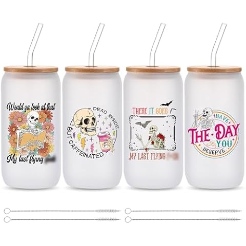 Yetene 4 Pcs Funny Skeleton Skull Cups 16 oz Novelty Glass Cups with Lids and Straws Skull Glass Tumbler Spooky Mason Jar Sarcastic Cup Goth Witchy Mug Birthday Christmas Gifts for Women Her Cover
