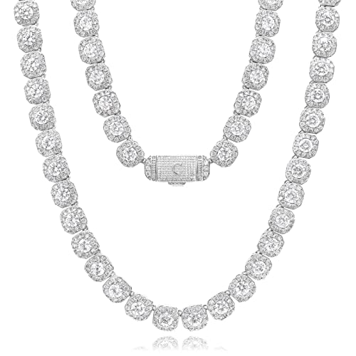 Luxfine Tennis Chain for Men Women Initial Necklaces 12mm White Gold Plated Clustered Iced Out Cuban Link Choker, 5A+ CZ Diamond Hip Hop Jewelry Birthday Christmas Wedding Gift (Personalized Letter Box Clasp, with Box & Pouch)