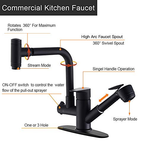 Hoimpro Pull Down Kitchen Faucet, High-Arc Single Handle Rv Kitchen Sink Faucet with Pull Out Sprayer and 360 Degree Swivel Sprayer , 2 Spout Utility Water Faucet, Brass/Matte Black (1 & 3 Hole)