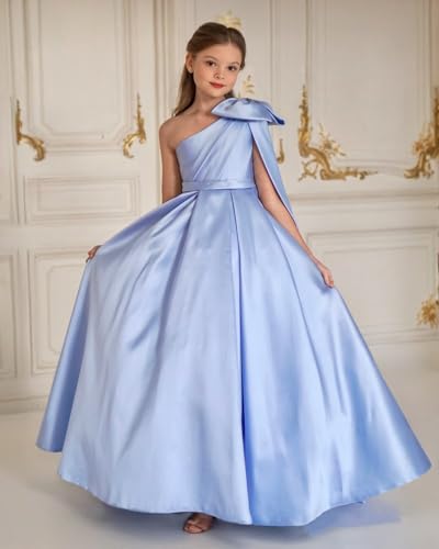 Satin Flower Girl Dress Ball Gown One Shoulder Pageant Dresses First Communion Dress with Bow3