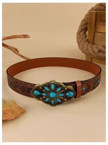 Women's Turquoise Belt Western Cowgirl Belt Vintage Floral Embossed Buckle Leather Waist Belts3