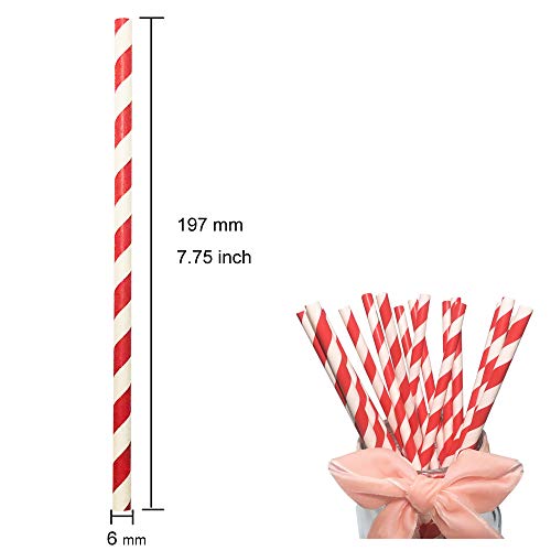 Biodegradable Red Striped Straws Bulk 100, Disposable Red and White Coca Cola Party Paper Straws for Cocktail, Milkshake, Coffee, Lemonade