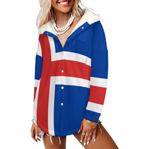 Veste polaire femme drapeau islandais à capuche chaude en sherpa bleu