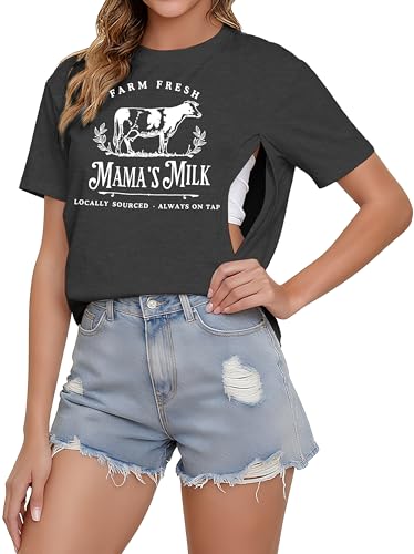 Image of UNIQUEONE Comfort Breastfeeding Shirts for Women Zip Nursing Tops Casual Distressed Acid Washed Maternity Tees