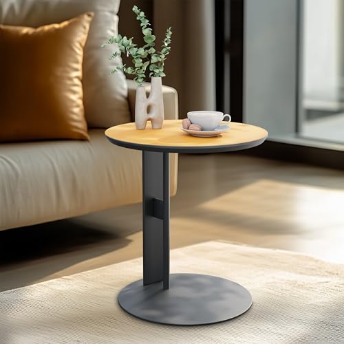 Artloge Beistelltisch Runder Sofatisch C-Form, Kleiner Beistelltisch stylischer Kaffeetisch Luxus Kratzfestes Leder, Wohnzimmertisch mit Metallgestell für Couch und Sofa 46×46×50 cm, Orange