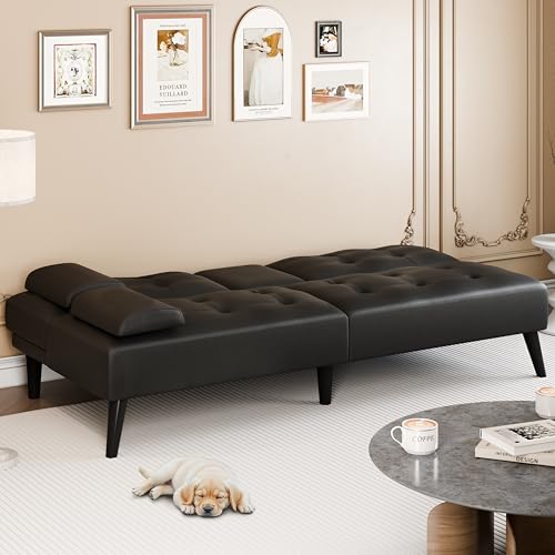 Meilocar 64\" Futon Sofa Bed, Convertible Loveseat with 2 Cup Holders, Small Couch with 3 Adjustable Angles & Removable Armrest, Modern Sleeper Sofa for Apartment, Office (PU Leather, Black) - Thumbnail 6