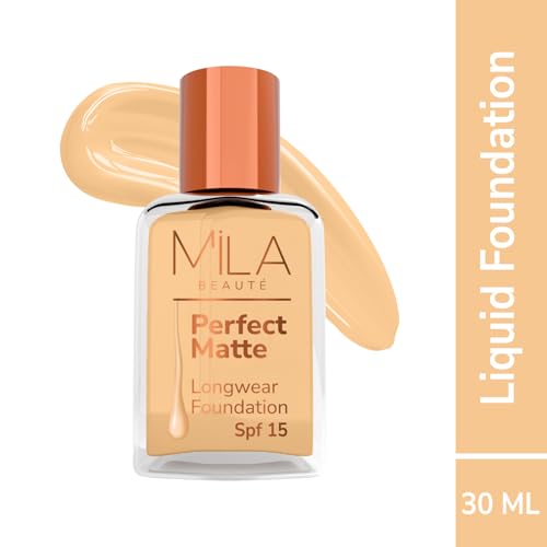 Image of Mila Beaute Perfect Matte Long Wear Foundation | High Coverage, Light Weight & Water Resistant I Oil Free Formula With SPF 15 & Vitamin E | Smooth Matte Finish | Keeps Skin Hydrated | Shade - ( 3 Blush, 30ml)