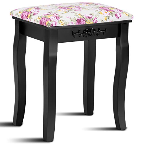 Casart Vanity Stool Wood Dressing Padded Chair Makeup Piano Seat Make Up Bench with Rose Cushion (Black)