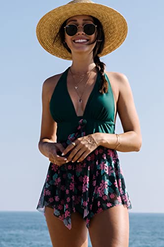 Beachsissi Women's Flower Print Skirt Swimsuits Mesh Patchwork Tankini Set, Green, Xl #TOP2