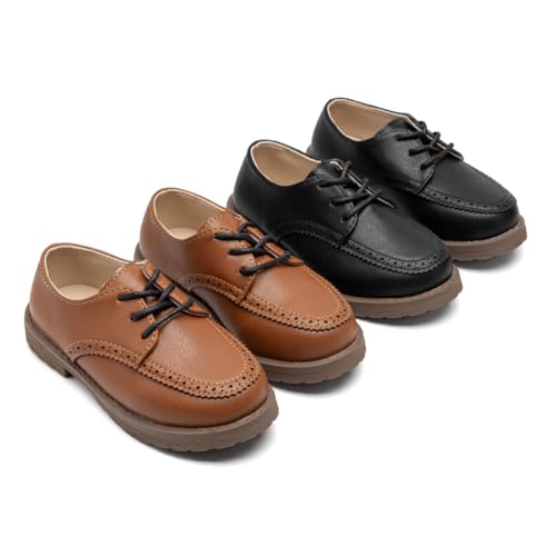 Image of Meckior Toddler Boys Girls Dress Shoes Little Kid Oxford Shoes Wedding Church Dress Shoes PU Leather Lace Up School Uniform Loafer Flats
