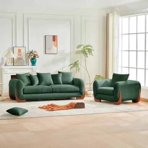 Image of Velvet Contemperory Sofa with Cushion Chaise Lounge Sectional Sofa Perfect for Living Room & Bedroom Guests Home & Office (Boucle 3+1+1 Green, 5 Seater)