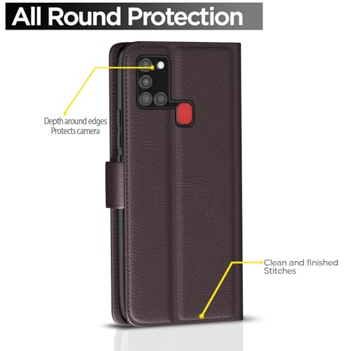 Image of Pikkme Samsung Galaxy A21s Flip Case Leather Finish | Inside TPU with Card Pockets | Wallet Stand and Shock Proof | Magnetic Closing | Complete Protection Flip Cover for Samsung Galaxy A21s (Coffee)