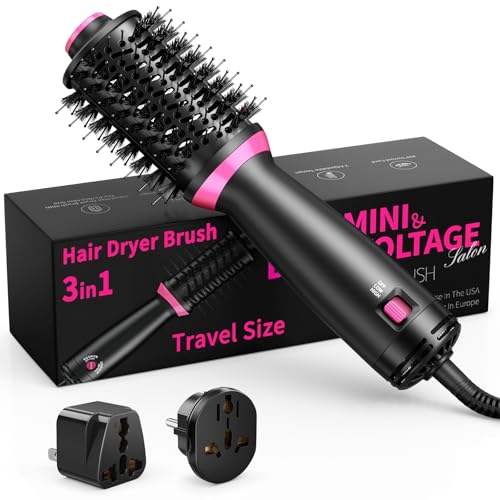 ONEWEST 3in1 Hair Dryer Brush Dual Voltage Hot Brush One-Step Ionic Hot Air Brush with Negative Ion 2 Speeds and 2 Adapters Travel Hairdryer Brush for Drying Straightening Curling Volumizing UK Plug