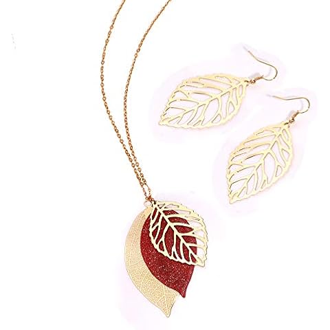 NVENF Leaf Earrings and Necklaces Set for Women Boho Gold-Tone Multi Tiered Leaves Delicate Chain Dangle Necklace SimpleLeaf Statement Dangling Earrings (Gold & Red) Cover