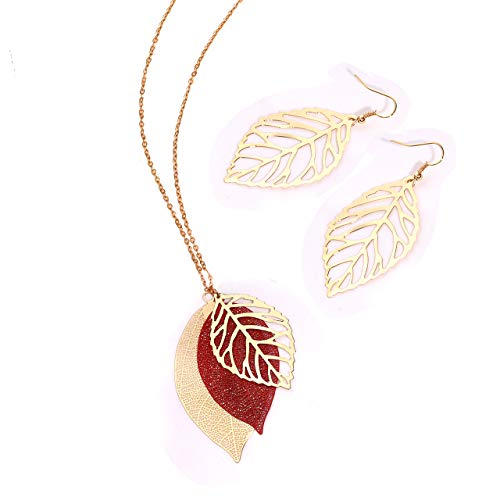 NVENF Leaf Earrings and Long Necklaces Set for Women Boho Gold-tone Multi Tiered Leaves Delicate Chain Dangle Necklace SimpleLeaf Statement Dangling Earrings (D Gold & Red)