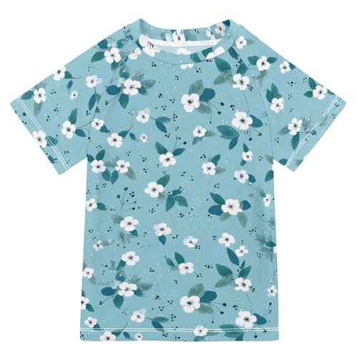ALAZA Kids Rash Guard Girls Toddler Swim Shirts Short Sleeve Blue White Floral Cute UPF 50+ 3T