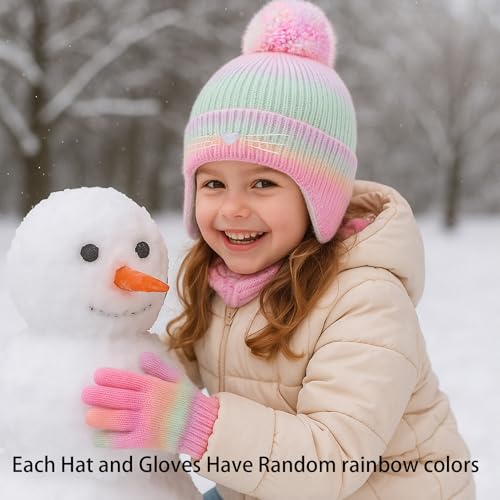 Cat Face Earflap Beanie and Gloves Set for Girls Rainbow Pom Knit Hats Winter Outdoor Snow Ski Caps Age 2-102