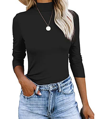 REVETRO Women Mock Turtleneck Shirts Casual Slim Fit Tops Long Sleeve Plain Basic Lightweight T-Shirt Black Medium