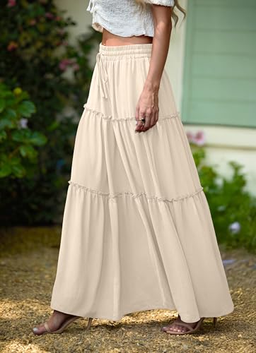 Image of Lepunuo Womens Casual Boho High Waisted Flowy Maxi Skirts Tiered Floral Long Skirts with Pockets for Summer Beach Vacation