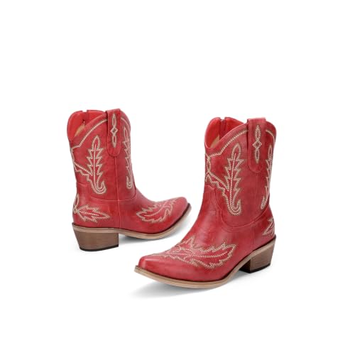 Image of Rhinestone Ankle Cowboy Boots for Women Embroidered Short Cowgirl Boots with Low Heel Side Zipper Comfortable Chunky Heel Western Booties for Prom Party Wedding Pull On Shoes