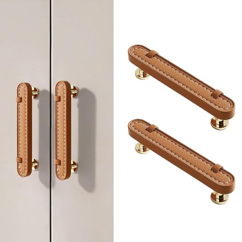 Image of 6 Pack Leather Cabinet Handle Pulls 3-3 /4 inch Hand-Stitch Brown Leather Drawer Pulls Dresser Handle Pulls for Cabinets Cupboards Dressers Drawers Bedroom Leather Pulls