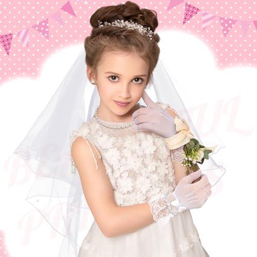 Image of Bencailor 5pcs First Communion Costume Accessories Set Lace Gloves with Hair Comb Pearl Necklace Bracelet Earrings(Bleached Pearl,Lovely)