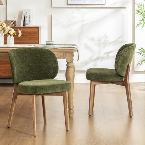 Image of YOUNIKE Dining Chairs Set of 2 Modern Kitchen Dining Room Chairs Green | Chenille Fabric Upholstered Armless Side Accent Chair with Back Wide Padded Seat Wooden Leg for Kitchen Dining Living Room