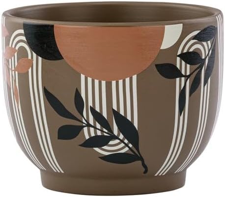 Napco Imports Art Deco Design 4.5 x 5.5 Inch Brown Ceramic Indoor Outdoor Planter Pot for Small Plants and Succulents with Drain Hole