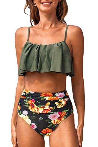 CUPSHE Damen Bikini Set Falbala Rüschen Bikini Blumenmuster High Waist...