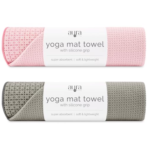 S&T INC. Yoga Mat Towel with Non-Slip Grip Enhanced Silicone Grip Soft and Absorbent for Gym Pilates and Hot Yoga Mat 2 Pack 24 inches x 72 inches 340GSM Pink and Grey