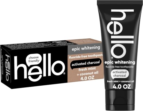 Image of hello Epic Whitening Charcoal Fluoride Free Toothpaste, Activated Charcoal Toothpaste with Coconut Oil, Whitens Teeth Naturally, SLS Free, Fresh Mint, 4.0 Oz Tube (Pack of 12)