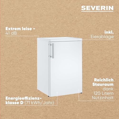 SEVERIN Vollraumkühlschrank, inkl. moderner LED Beleuchtung, 2 x höhenverstellbare Abstellflächen, große Veggiebox, extrem leise - 41 dB, 120 L Nutzinhalt, weiß, VKS 8808