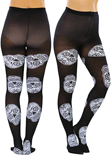 Image of ToBeInStyle Women's Sugar Skull Dia de los Muertos La Catrina Skeleton Bones Tights & Thigh High Stockings
