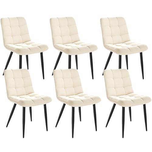 INRE Chaises de Salle à Manger,Lot de 6,Pieds en Métal,Pieds Réglables,Chaise tapissée,Dossier Ergonomique,Style Nordique,Blanc Miel