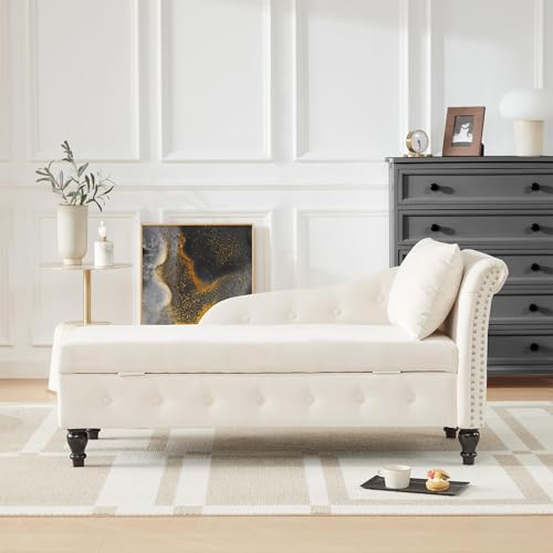 Iroomy Chaise Lounge Indoor with Storage Upholstered Chaise Lounges Couch with Pillow for Living Room Modern Nailhead-Trimmed Tufted Lounge Chair Bedroom Beige Right Armrest