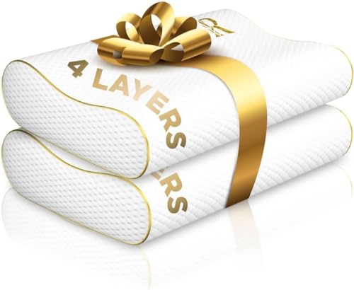 Image of Cervical Memory Foam Pillow-(2 Pack) 4-Layer Adjustable King Size Contour Design for Side Sleepers, Neck Support & Pain Relief, Orthopedic, CertiPUR-US Certified