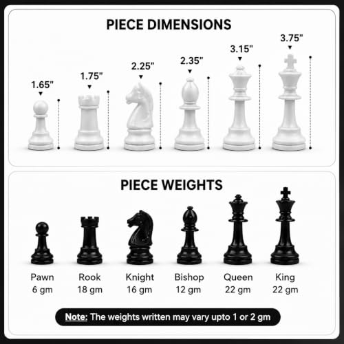 Image of Vinson Tournament Chess Set for Adults & Kids | 18.25 x 18.25 Inch Foldable Vinyl Board with Solid Plastic Chess Pieces, 2 Extra Queens & Zipper Storage Bag | Professional Portable Game Set (Black)