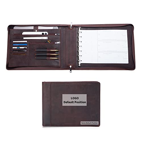 Geslun Custom 7 Ring Check Binder, Engraved Genuine Leather Business Checkbook Cover Holder, 3-On-A-Page for 600 Checks (9 x 13”), Desk Commercial Cheque Zippered Folder, Dark Brown