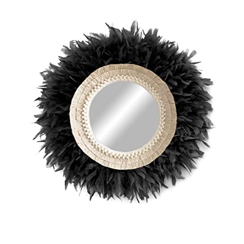 Miroir mural avec plumes et franges en coton noir - MIRROR BOHO pour salon