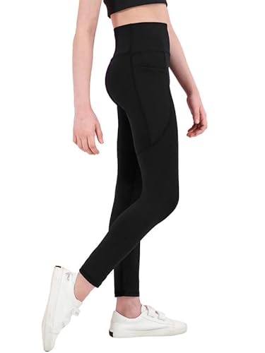 Exarus Girls Black Leggings Athletic Compression Pants With Pockets High Waist Active Dance Yoga Tights 10 Years #TOP20