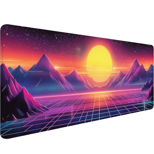 Arcade Horizon Gaming Mouse Pad 80s Neon Aesthetic Retro Sun Mountains Extended Gaming Mouse Pad Mat with Stitched Edge Non-Slip Base Big Mouse Pad 31.5"x11.8" Office Home Decor for Women Girl