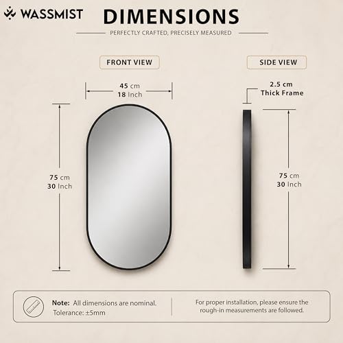 Image of WASSMIST Mirror for Bathroom Wall | Capsule Bathroom Mirror with Aluminium Frame | HD Reflection Wall Mirror for Living Room /Bedroom (18 X 30 inch)